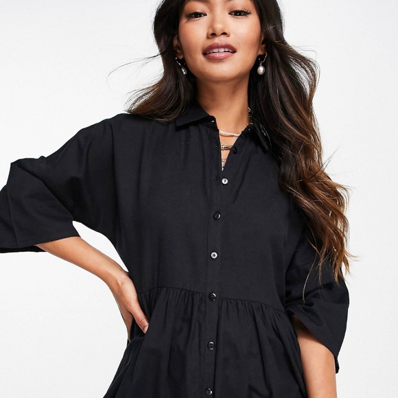 NWT 🖤 Esmee Exclusive (via ASOS) oversized mini shirt dress in black. SIZE 2 - Picture 3 of 11